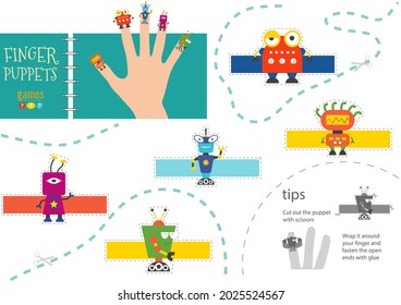 Vector robotics as finger puppets. Cut and glue activity for preschool kids. Cute paper  robot characters