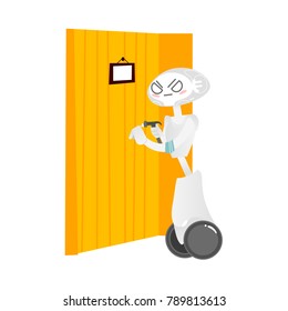 Vector robots, artificial intelligence in modern life concept. Wheeled cyborg assistant helping with household chores, hammering a nail into wall. Isolated scene illustration, white background.