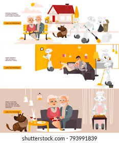 Vector robots, artificial intelligence in modern life infographic conseptual posters set. Robots assistants home robots helping with routine household chores, walking with animals, cleaning, repairing