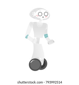 Vector robots, artificial intelligence in modern life concept. Wheeled cyborg assistant ready ti help with household chores. Isolated illustration, white background.