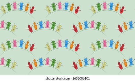 Vector robots in cartoon style. Seamless pattern