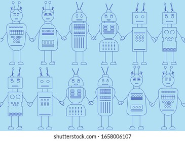 Vector robots in cartoon style. Seamless pattern