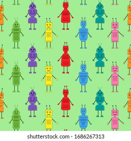 Vector robots in cartoon style. Seamless pattern
