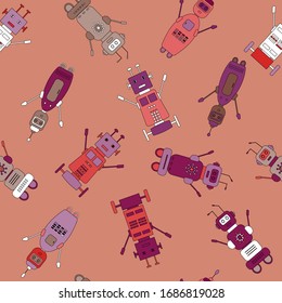 Vector robots in cartoon style. Seamless pattern