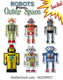 Vector Robots from the Fifties, Sixties Retro Futuristic Flat Design
