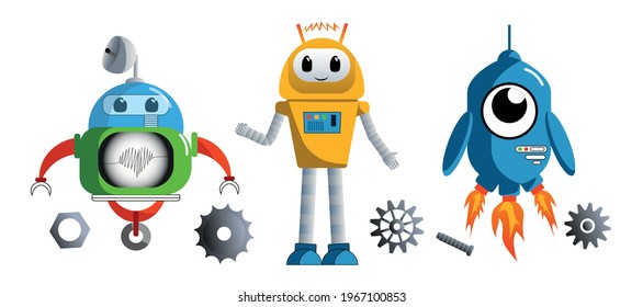 vector robots, robot, flying ship, humanoid, toys, colored robots on a blue background, robot vector, robotics, print for kids