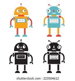 Vector robots set, color and black versions