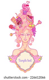 Vector roccoco styled girl with curly hair and sweet cakes is ready for tea party. 