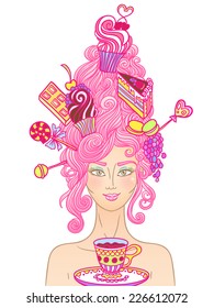 Vector roccoco styled girl with curly hair and sweet cakes is ready for tea party. 