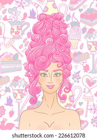 Vector roccoco styled girl with curly hair and sweet cakes is ready for tea party. 