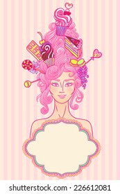 Vector roccoco styled girl with curly hair and sweet cakes is ready for tea party. 