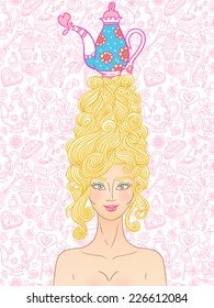 Vector roccoco styled girl with curly hair and sweet cakes is ready for tea party. 