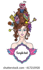 Vector roccoco styled girl with curly hair and sweet cakes is ready for tea party.