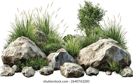 Vector rock and grass landscape composition, isolated rocks, green grass, outdoor terrain, nature design, rocky grassland, natural environment, scenic view, earth textures, landscape art