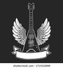 Vektorillustration Rock-Gitarre mit Flügeln. Druck auf Poster, Tattoo, T-Shirt. Online-Musikerziehung. Internet-Gitarrenunterricht.