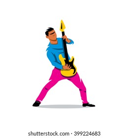 Vector Rock Guitarist Cartoon Illustration. Rock musician is playing electrical guitar. Branding Identity Corporate unusual Logo isolated on a white background