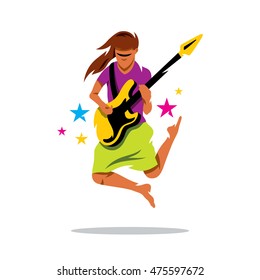 Vector Rock Guitarist Cartoon Illustration. Musician is jumping with guitar. Unusual Logo template isolated on a white background