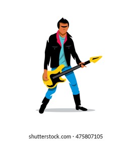 Vector Rock Guitarist Cartoon Illustration. Musician with guitar. Unusual Logo template isolated on a white background