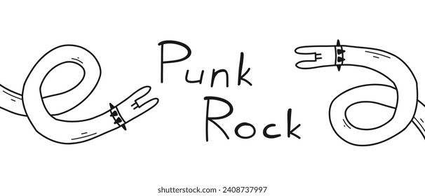 Vector rock music banner in doodle style. Linear banner with goat gesture.