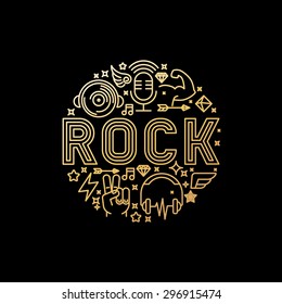 Vector Rock Music Concept In Trendy Linear Style On Black Background - Abstract Illustration For T-shirt