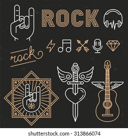 Vector rock music concept in trendy linear style on black background - abstract illustrations and design elements