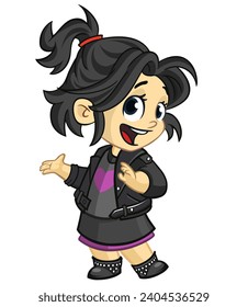 Vector rock music, culture. Heavy metal, punk rock style clothing, haircut young girl showing rock. Isolated illustration white background.