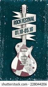 Vector Rock music festival poster template. Electric guitar with headline ribbon wrapping it. Texture effects can be turned off.