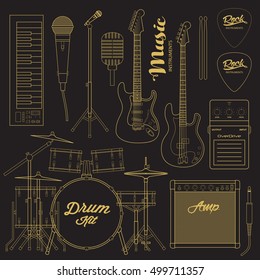 Vector rock music instruments. Stylized geometric flat line illustration musical kit for icon, banner, poster, flyer design. Drums, electric guitar, bass, microphone, keyboard illustration set.