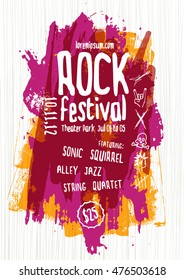 Vector Rock music poster template. Paint stains background for flyer, brochure design. A4 size.