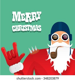 vector rock n roll gesture santa claus with smoking pipe. Christmas hipster poster for party or greeting card. vector bad santa xmas poster background