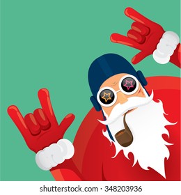 vector rock n roll gesture santa claus with smoking pipe. Christmas hipster poster for party or greeting card. vector bad santa xmas poster background