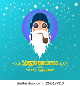 vector rock n roll santa claus with smoking pipe, santa beard and funky santa hat. Christmas hipster poster for party or greeting card. vector bad santa xmas poster background