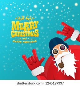 vector rock n roll santa claus with smoking pipe, santa beard and funky santa hat. Christmas hipster poster for party or greeting card. vector bad santa xmas poster background