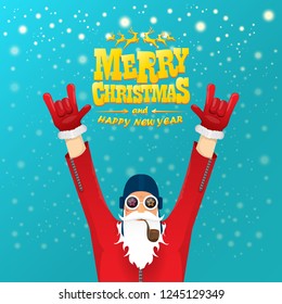 vector rock n roll santa claus with smoking pipe, santa beard and funky santa hat. Christmas hipster poster for party or greeting card. vector bad santa xmas poster background