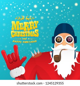 vector rock n roll santa claus with smoking pipe, santa beard and funky santa hat. Christmas hipster poster for party or greeting card. vector bad santa xmas poster background