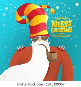 vector rock n roll santa claus with smoking pipe, santa beard and funky santa hat. Christmas hipster poster for party or greeting card. vector bad santa xmas poster background