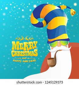 vector rock n roll santa claus with smoking pipe, santa beard and funky santa hat. Christmas hipster poster for party or greeting card. vector bad santa xmas poster background
