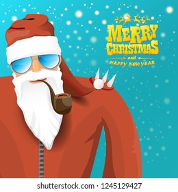 vector rock n roll santa claus with smoking pipe, santa beard and funky santa hat. Christmas hipster poster for party or greeting card. vector bad santa xmas poster background
