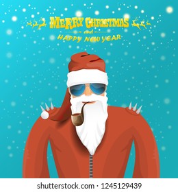 vector rock n roll santa claus with smoking pipe, santa beard and funky santa hat. Christmas hipster poster for party or greeting card. vector bad santa xmas poster background