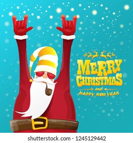 vector rock n roll santa claus with smoking pipe, santa beard and funky santa hat. Christmas hipster poster for party or greeting card. vector bad santa xmas poster background