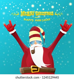 vector rock n roll santa claus with smoking pipe, santa beard and funky santa hat. Christmas hipster poster for party or greeting card. vector bad santa xmas poster background