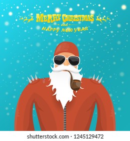 vector rock n roll santa claus with smoking pipe, santa beard and funky santa hat. Christmas hipster poster for party or greeting card. vector bad santa xmas poster background