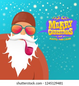 vector rock n roll santa claus with smoking pipe, santa beard and funky santa hat. Christmas hipster poster for party or greeting card. vector bad santa xmas poster background