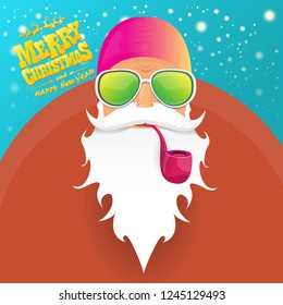 vector rock n roll santa claus with smoking pipe, santa beard and funky santa hat. Christmas hipster poster for party or greeting card. vector bad santa xmas poster background