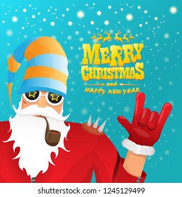 vector rock n roll santa claus with smoking pipe, santa beard and funky santa hat. Christmas hipster poster for party or greeting card. vector bad santa xmas poster background