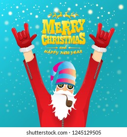 vector rock n roll santa claus with smoking pipe, santa beard and funky santa hat. Christmas hipster poster for party or greeting card. vector bad santa xmas poster background