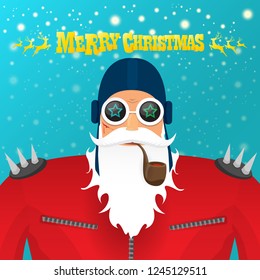 vector rock n roll santa claus with smoking pipe, santa beard and funky santa hat. Christmas hipster poster for party or greeting card. vector bad santa xmas poster background