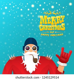 vector rock n roll santa claus with smoking pipe, santa beard and funky santa hat. Christmas hipster poster for party or greeting card. vector bad santa xmas poster background