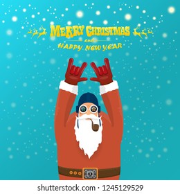 vector rock n roll santa claus with smoking pipe, santa beard and funky santa hat. Christmas hipster poster for party or greeting card. vector bad santa xmas poster background