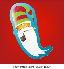 vector rock n roll santa claus with smoking pipe and funky beard isolated on red background. Christmas hipster poster background or merry christmas concept vector background. Santa Claus icon or labe